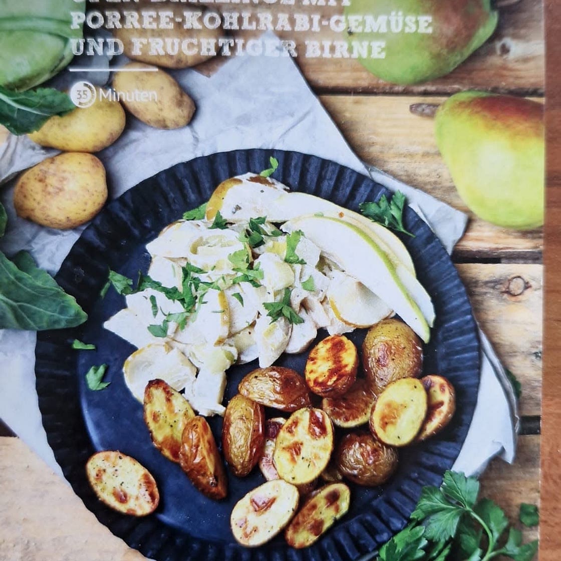 OFEN-DRILLINGE MIT PORREE-KOHLRABI-GEMÜSE UND FRUCHTIGER BIRNE