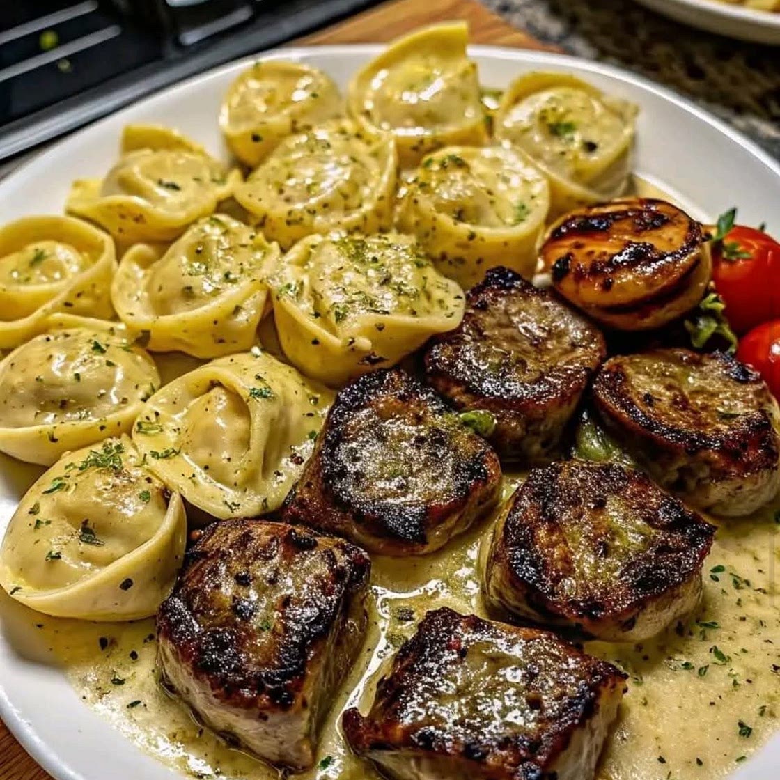 Garlic Butter Steak Bites & Creamy Pesto Alfredo Tortellini