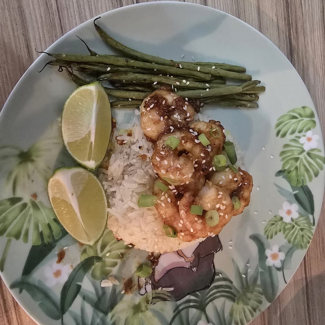 Sizzling Hoisin Shrimp with Ginger Scallion Rice & Crispy Green Beans