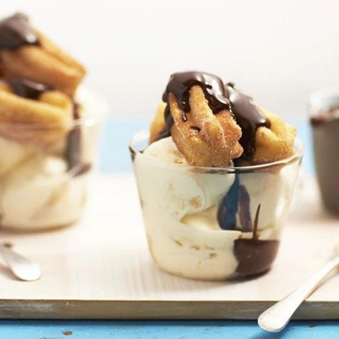 Choc-caramel churros sundae