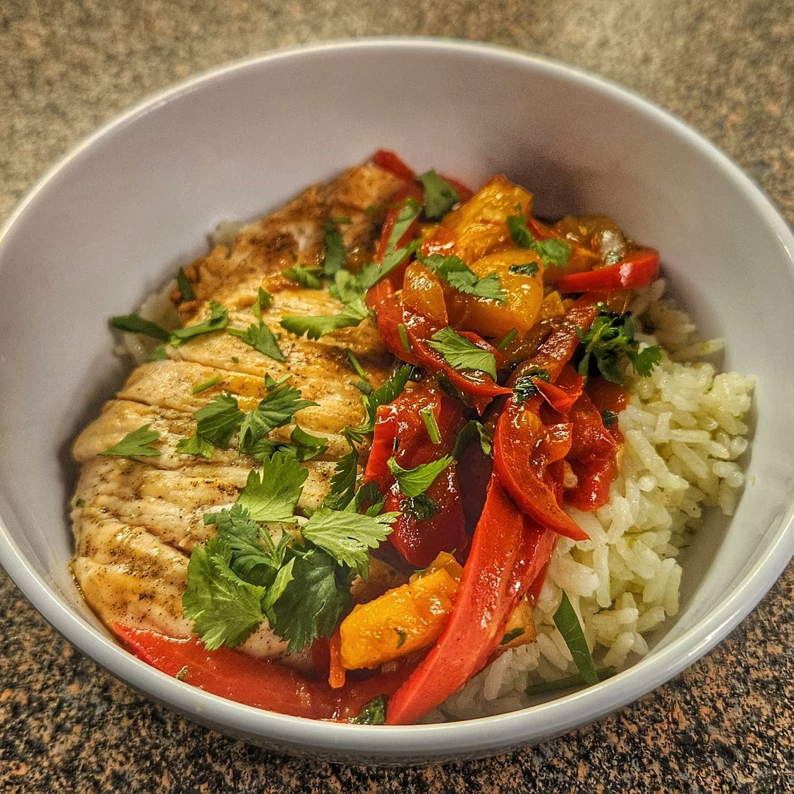 Tangy Tropical Chicken with Bell Pepper over Ginger Rice