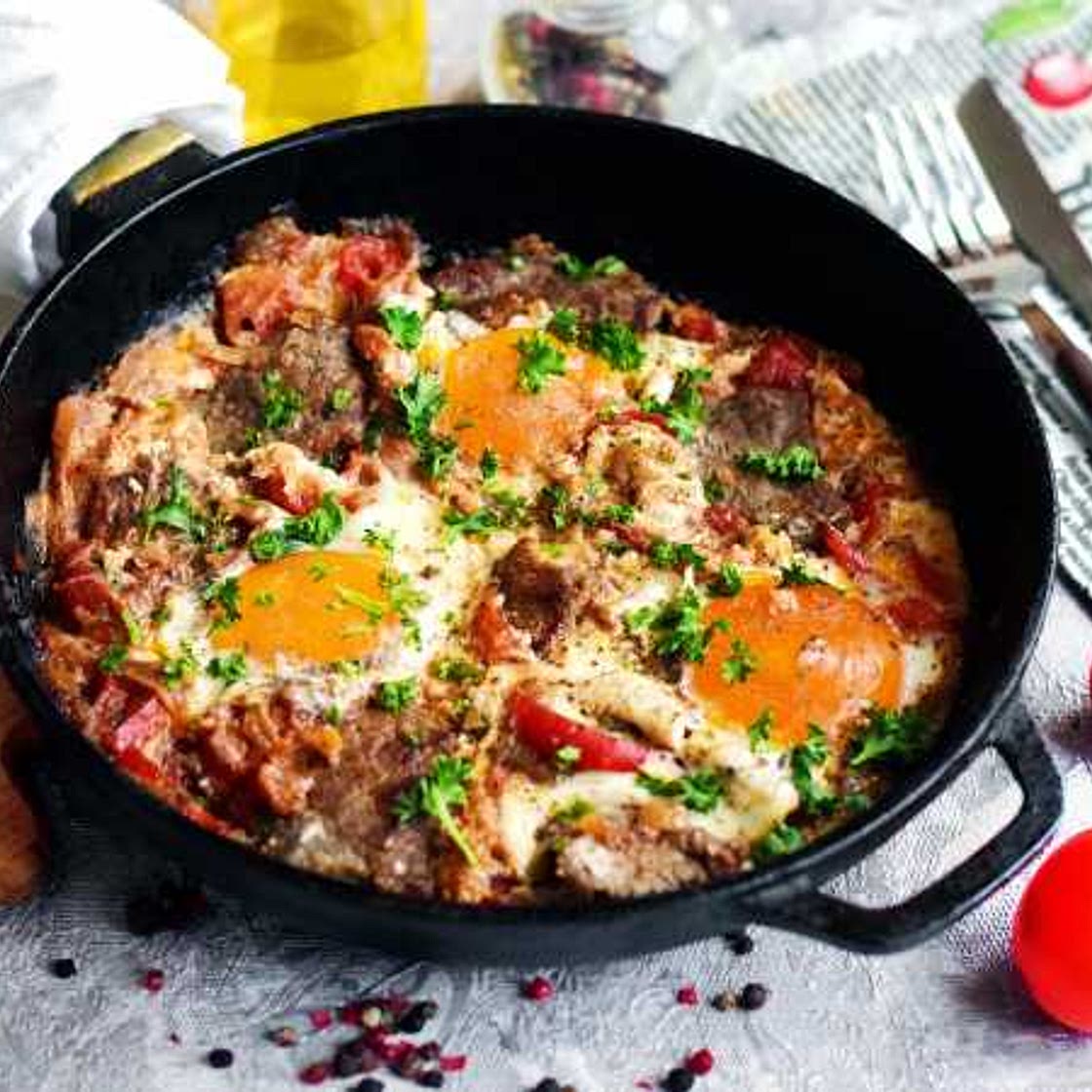 Scrambled eggs with Parmesan and dried meat