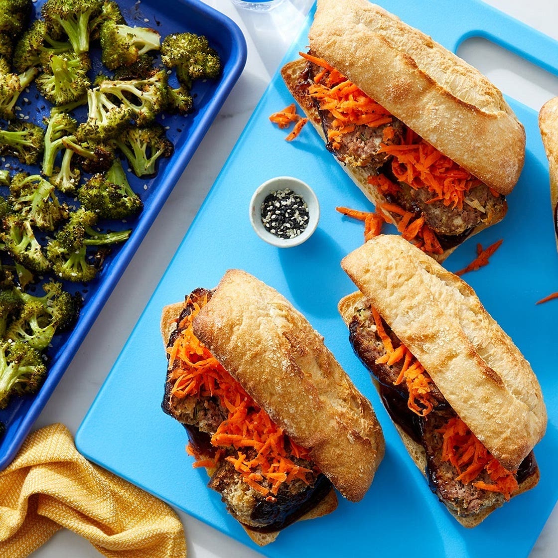 Sheet Pan Hoisin Meatloaf Sandwiches with Ponzu-Dressed Broccoli