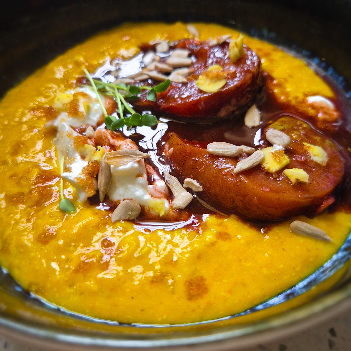 Golden oats with stewed cinnamon ginger nectarine