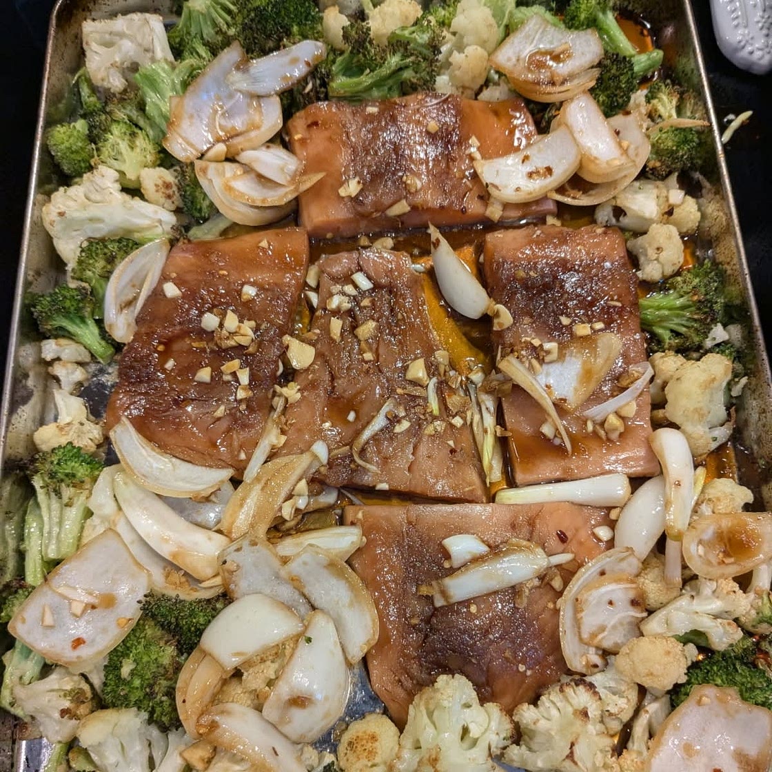 One-pan salmon and broccoli bake