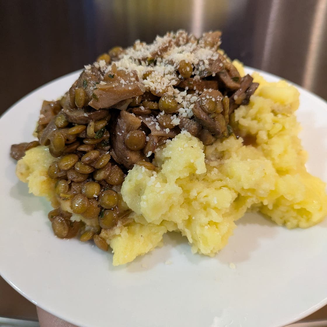 Lentil Mushroom Stew over Mashed Potatoes