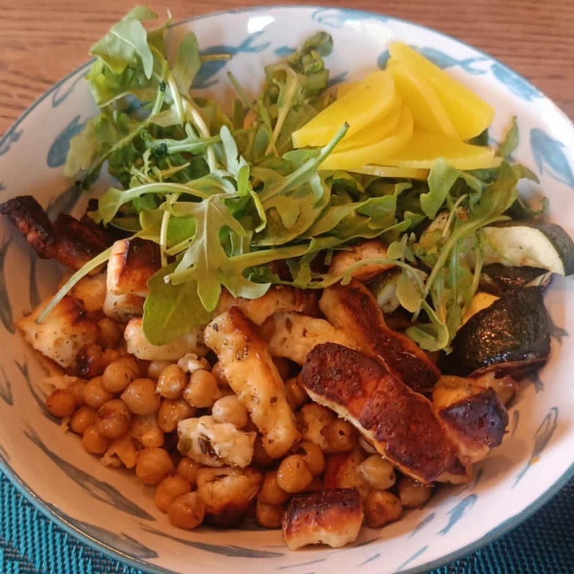 Hot Honey Chickpea and Halloumi Bowl
