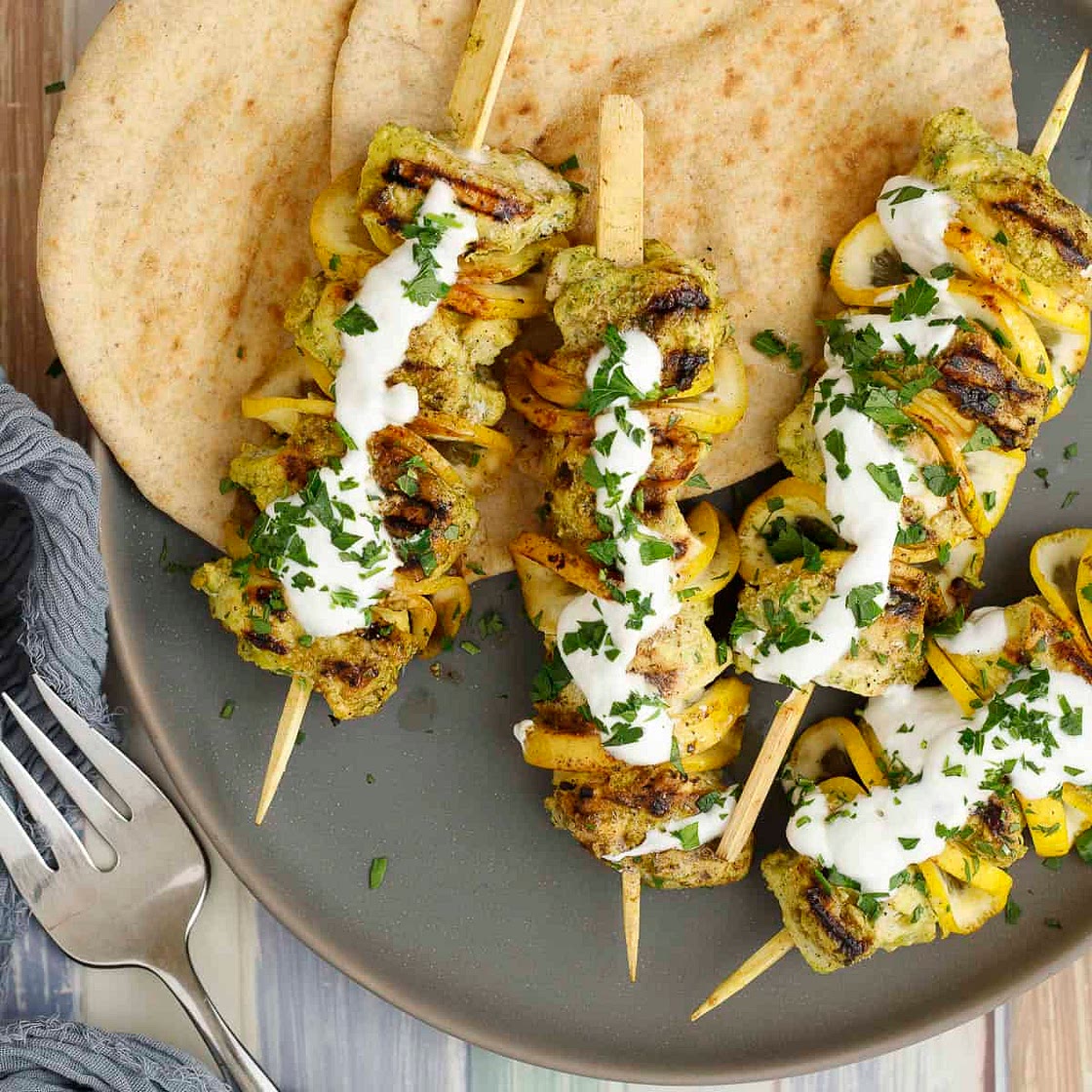 Grilled Halibut Skewers with Garlic and Lemon