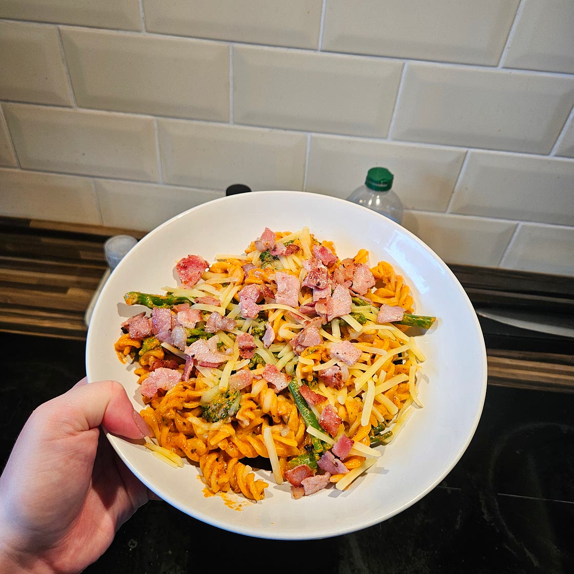 Creamy Red Pesto, Crispy Bacon & Broccoli Pasta