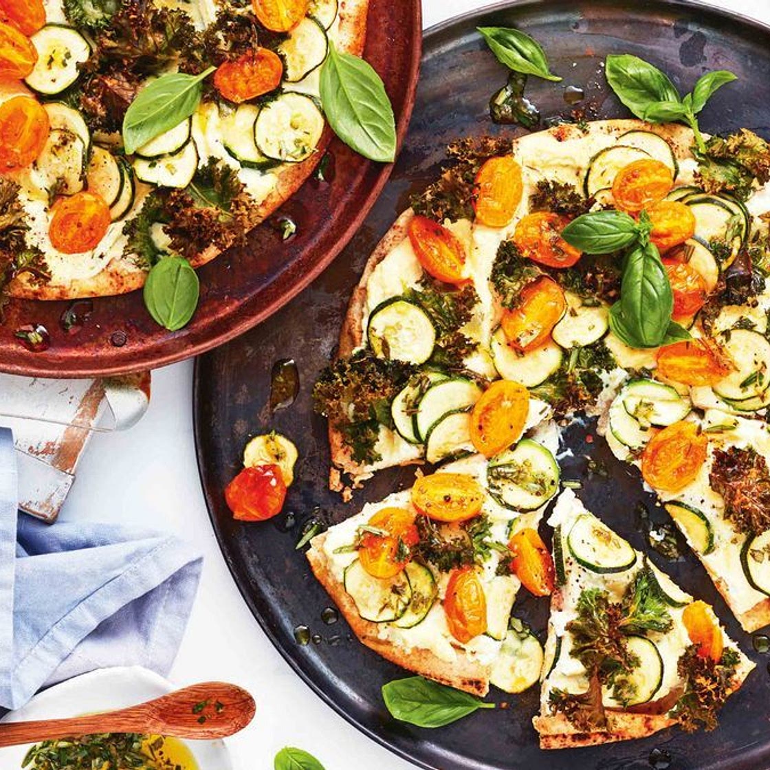 Speedy zucchini and ricotta pizza with crispy kale recipe