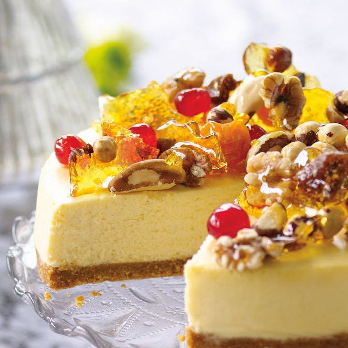 Eggnog cheesecake with stained-glass praline