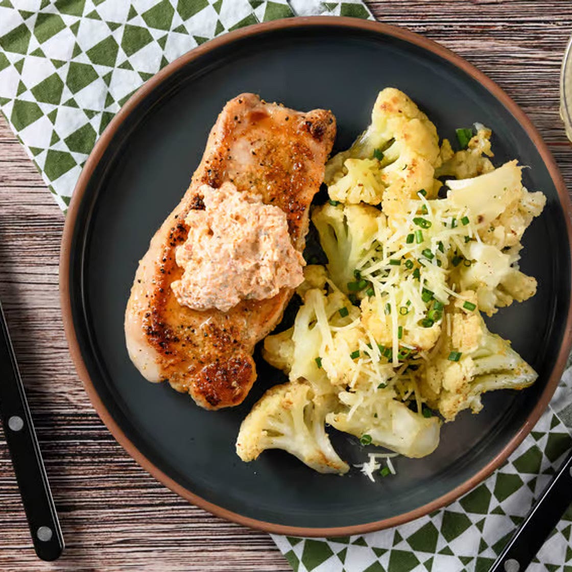 Tuscan Crema Pork Chop with Asiago cauliflower