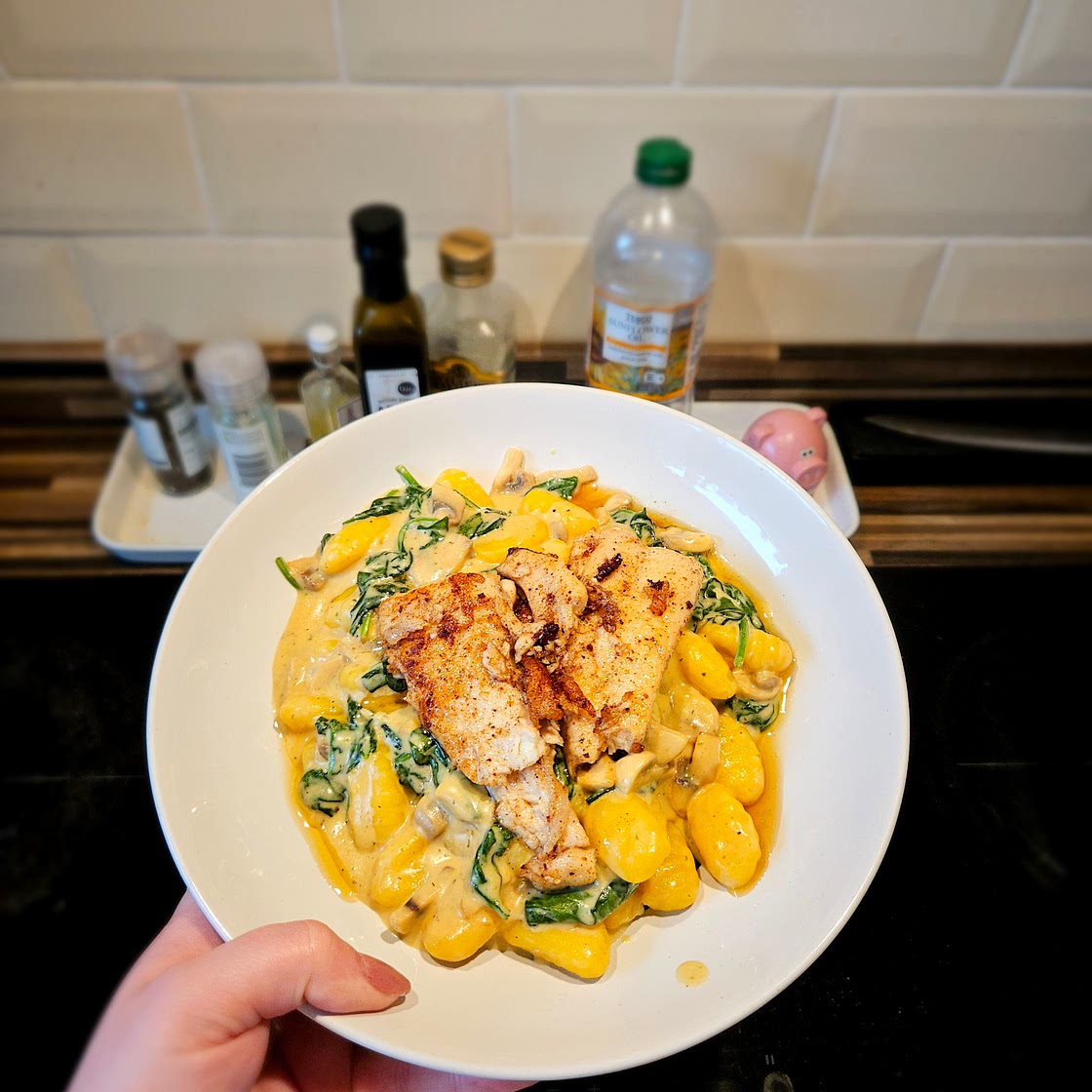 Pan-Fried Basa With Gnocchi, Mushrooms & Spinach