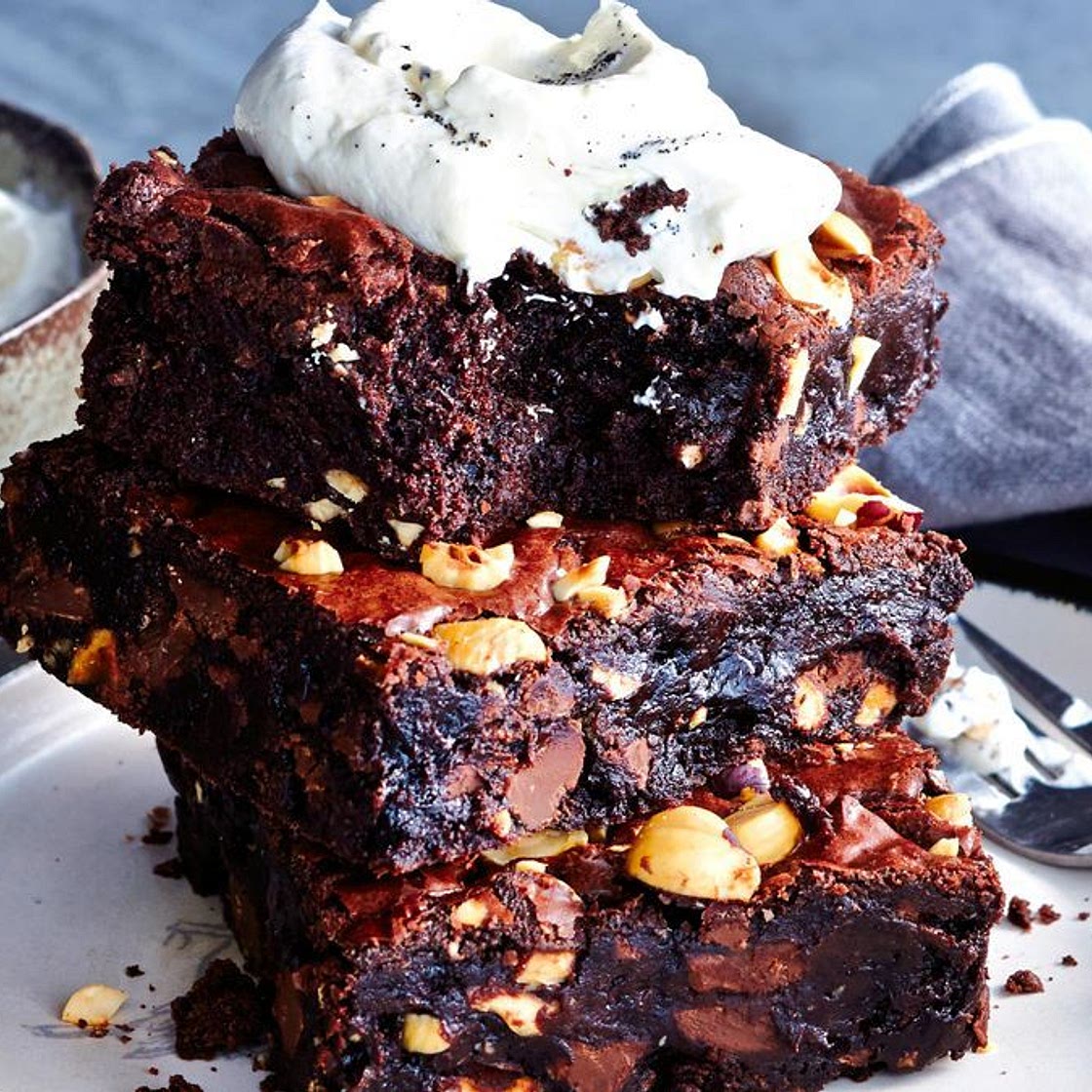 Rich hazelnut brownies with vanilla creme fraiche