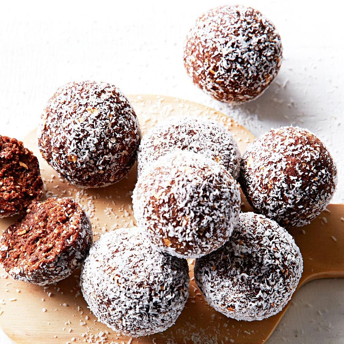 Nut-free cacao and coconut bliss balls
