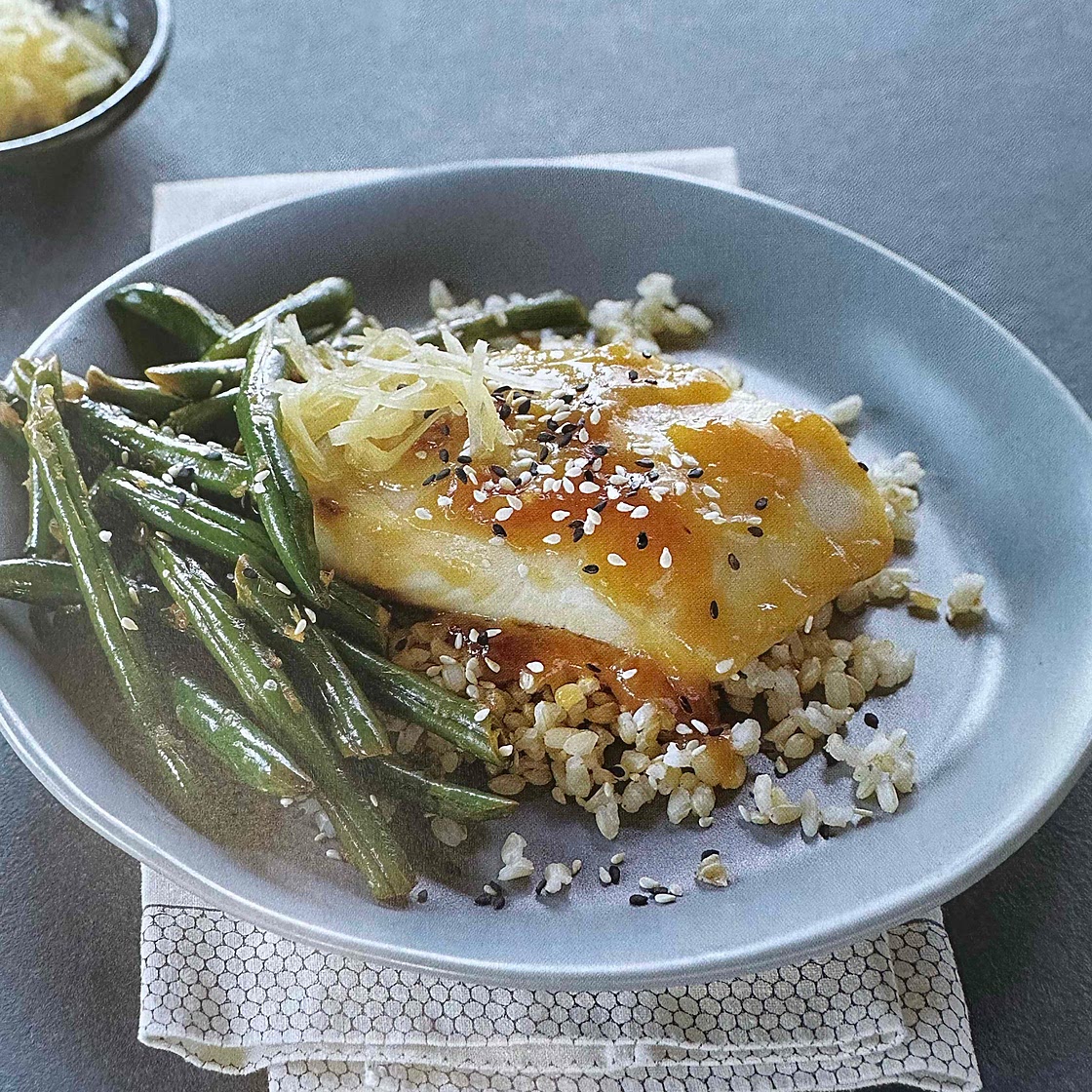Miso-Glazed Cod with Rice and Gingery Green Beans
