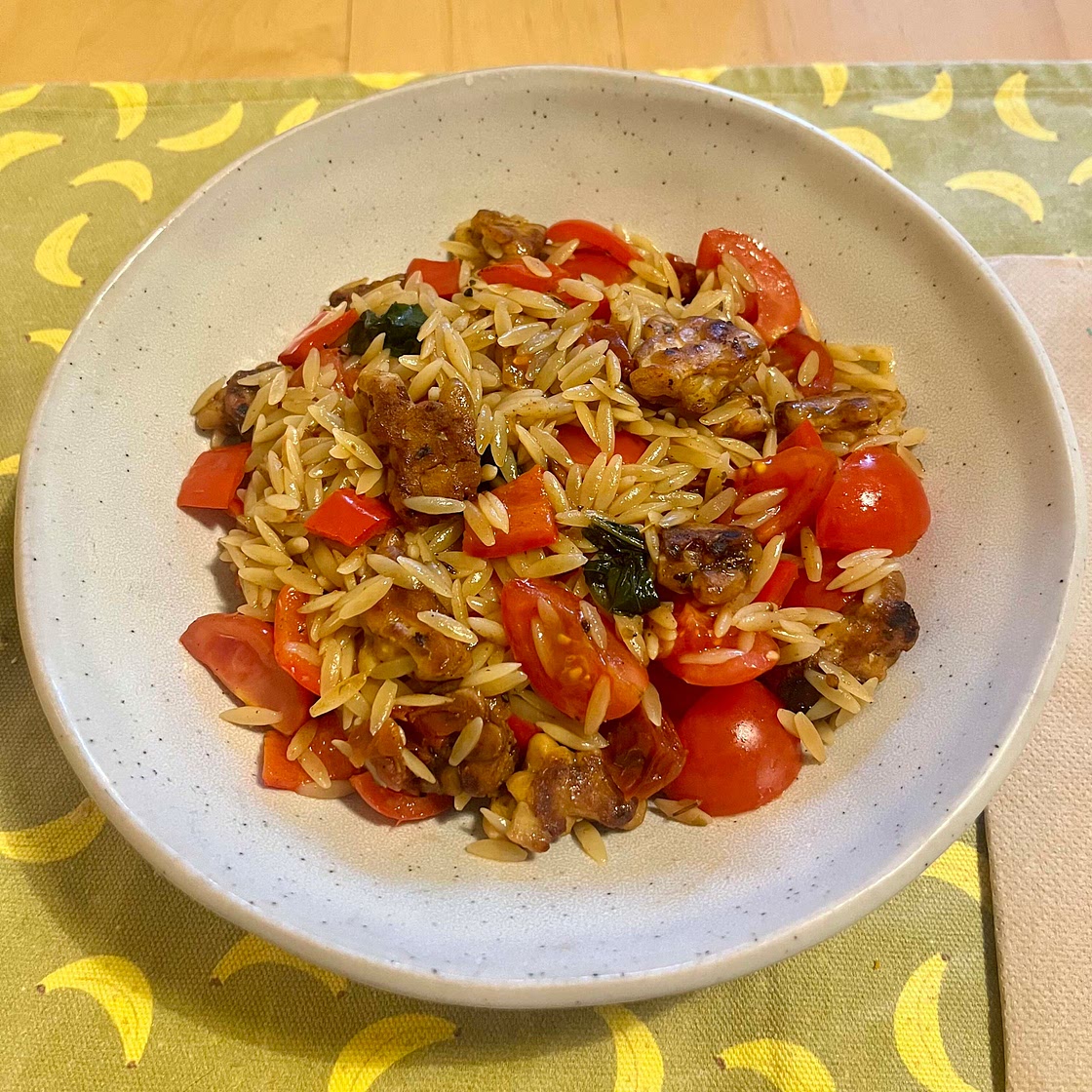 Greek Tempeh Orzo Skillet