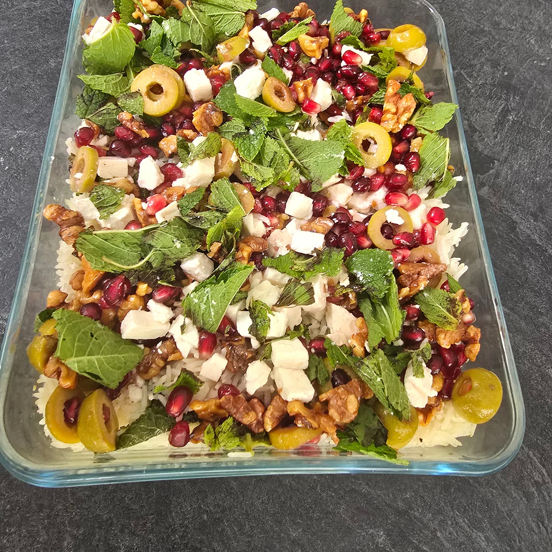 Baked mint rice with pomegranate and olive salsa