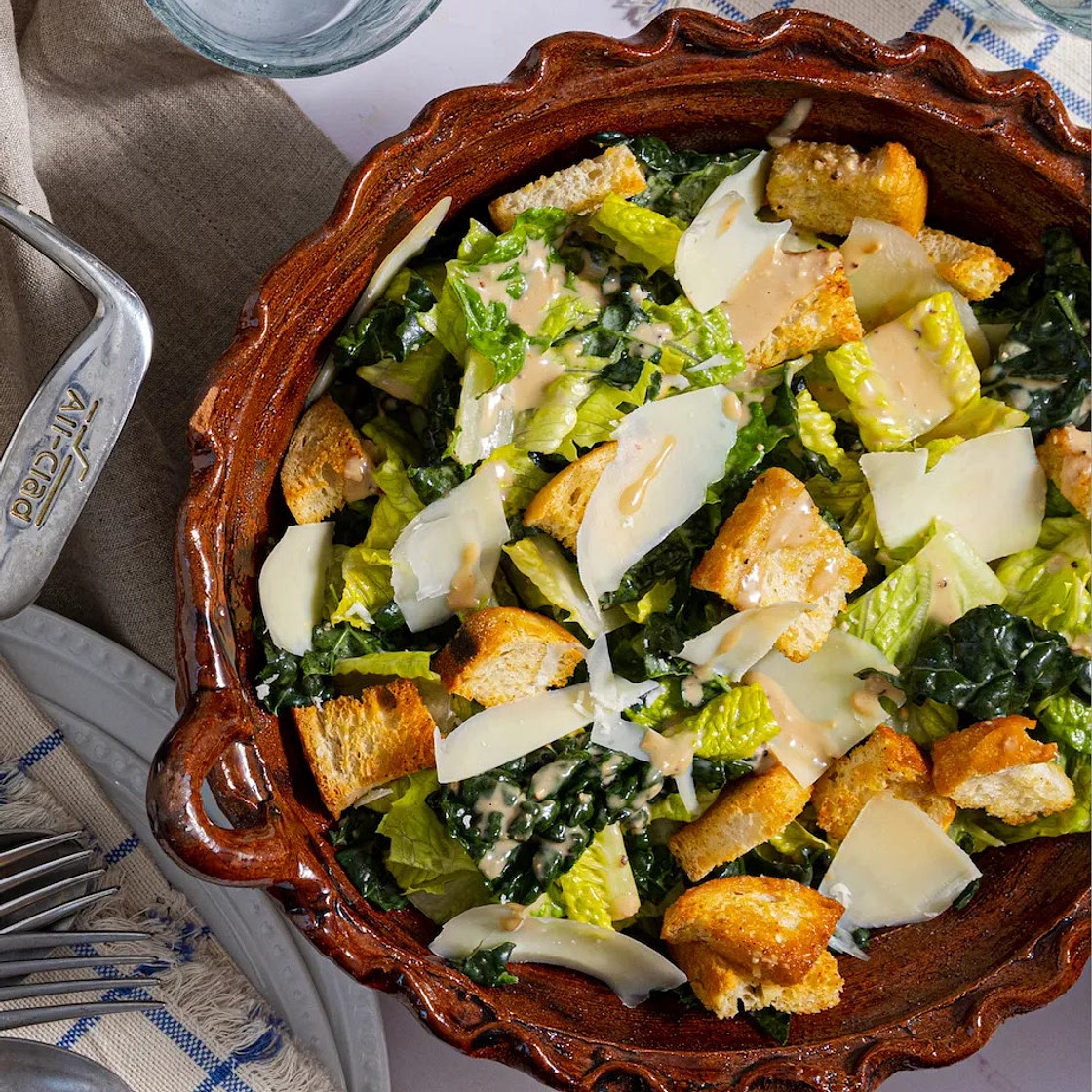 kale caesar with crispy chewy croutons