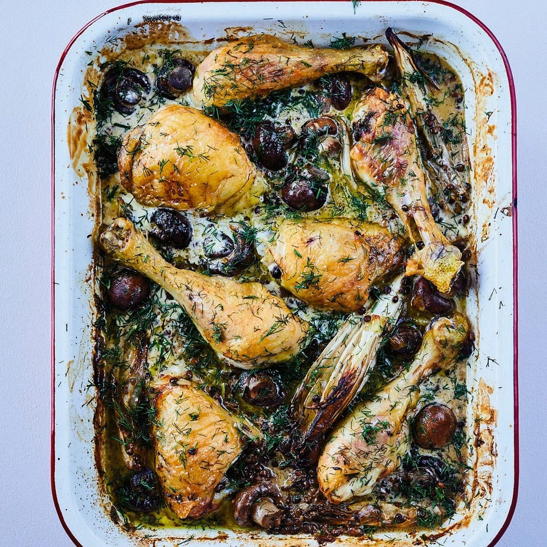 Roast Chicken with Mushrooms, Chicory and Dill