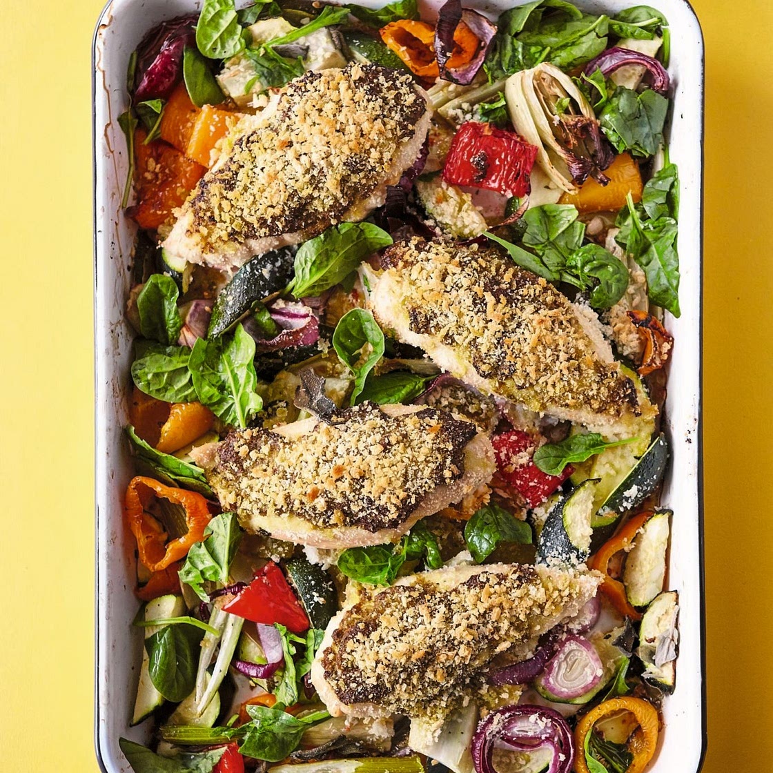 Crispy Pesto Chicken, Roasted Fennel and Courgettes