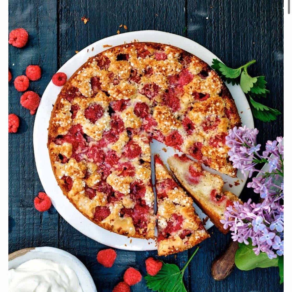 Raspberry sponge cake with coconut and pearl sugar