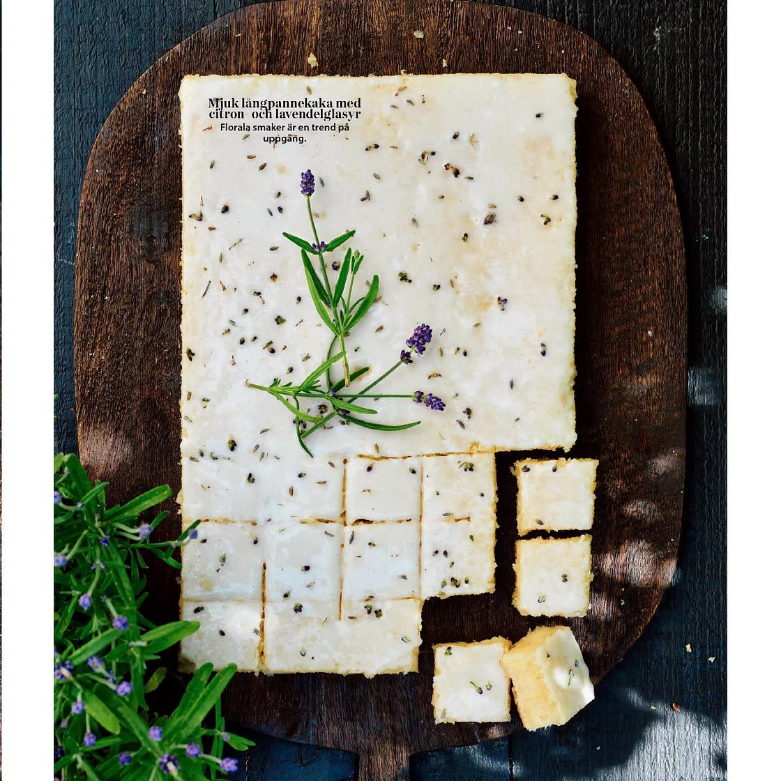 Soft traybake cake with lemon and lavender glaze