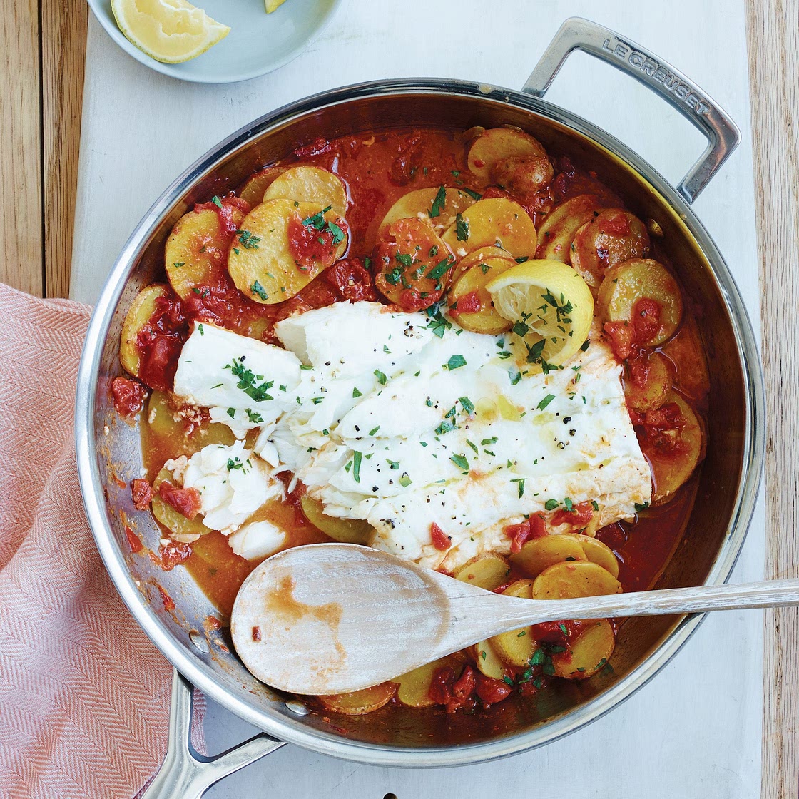 Cod with Garlicky Tomatoes and Potatoes