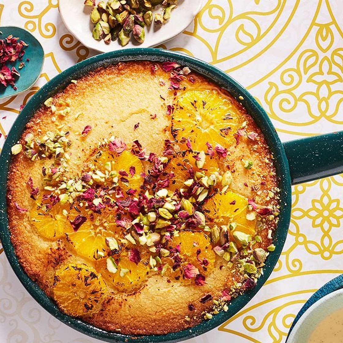 Sticky orange and semolina pudding with rose custard