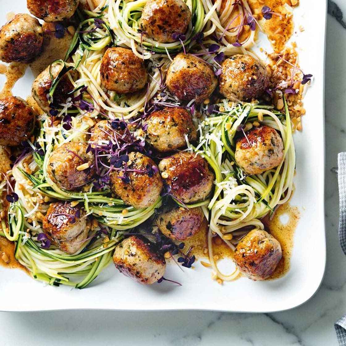 Shannon Bennett's chicken meatballs with zucchini and spaghetti