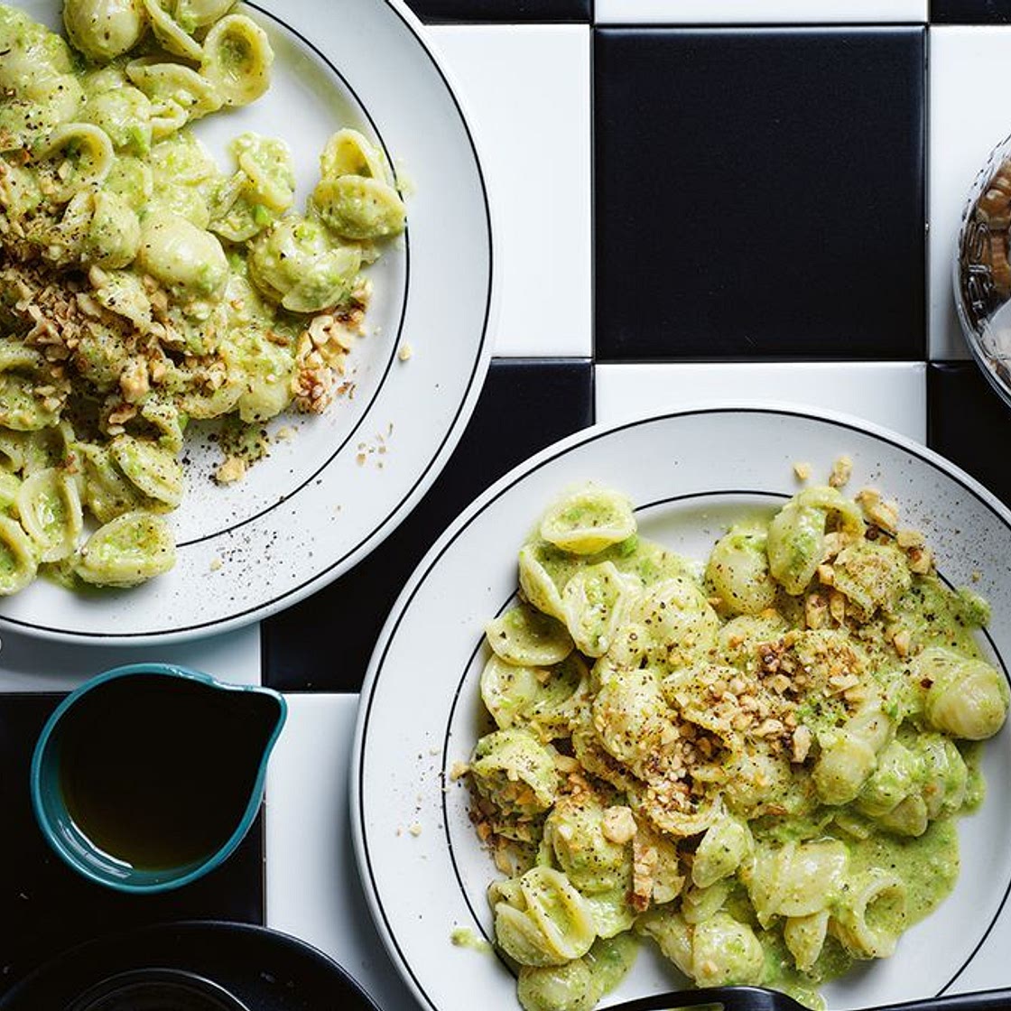 Orecchiette with walnut and pea pesto