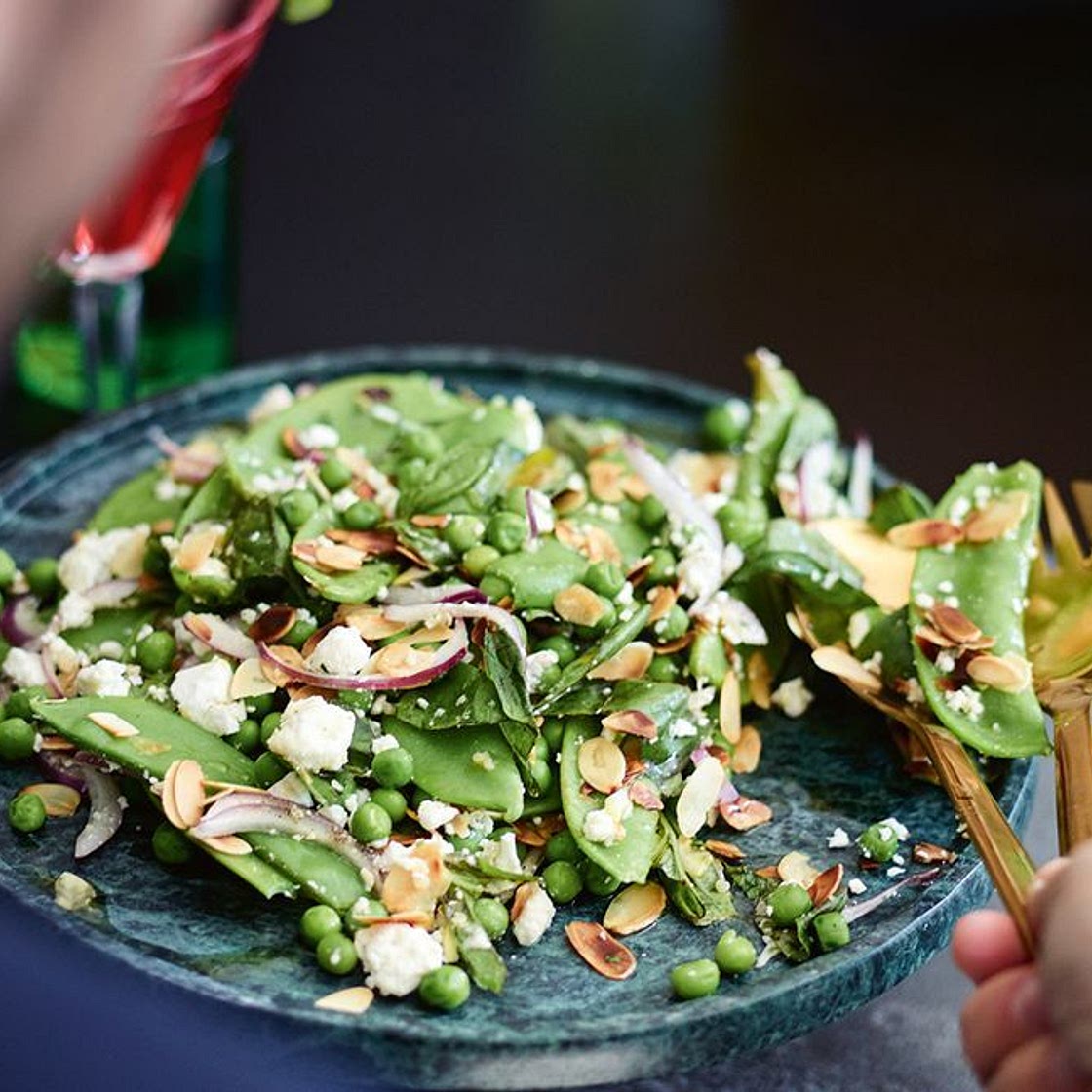 Pea, snow pea, almond and feta salad