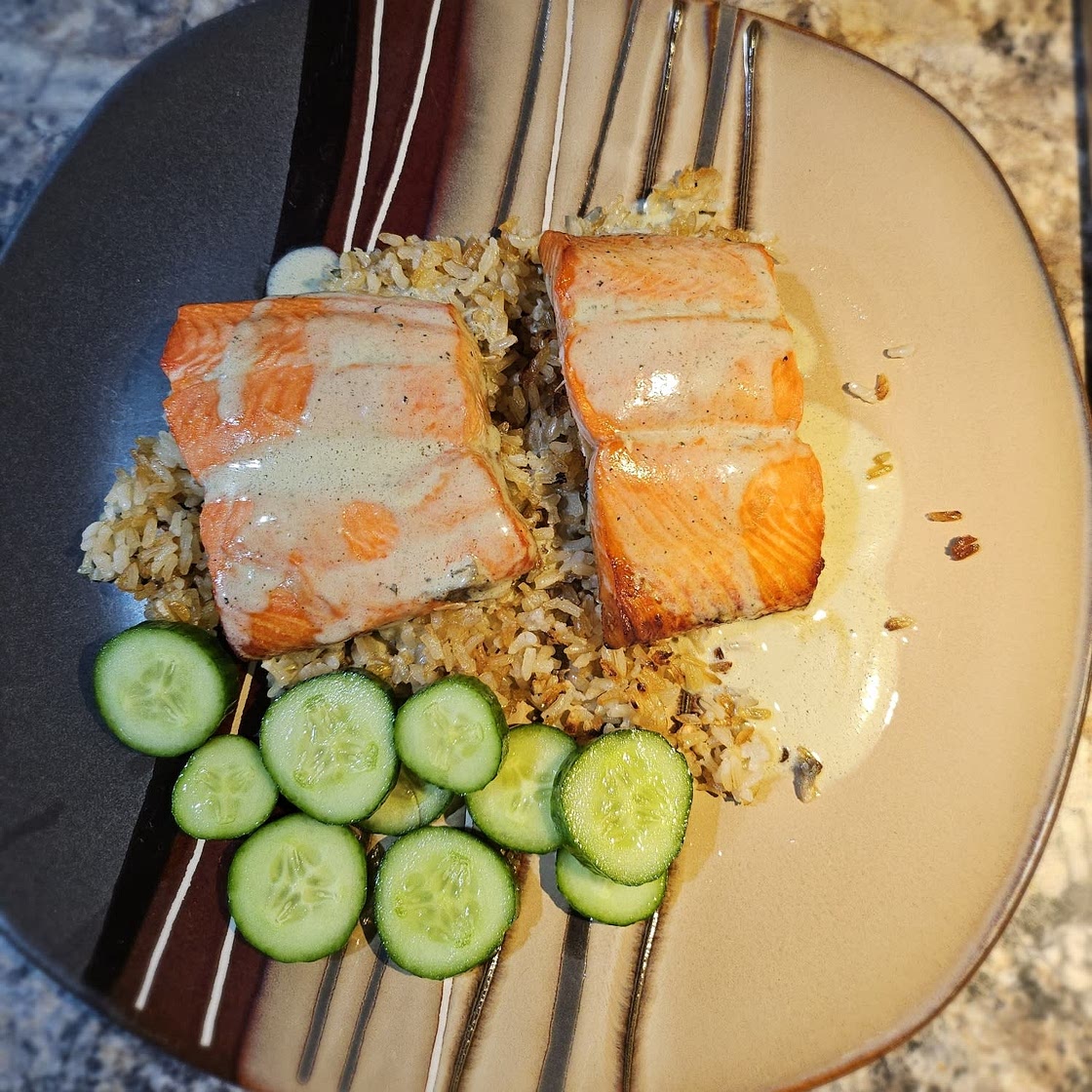 Crunchy Brown Rice Bowls with Salmon and Herbed Tahini