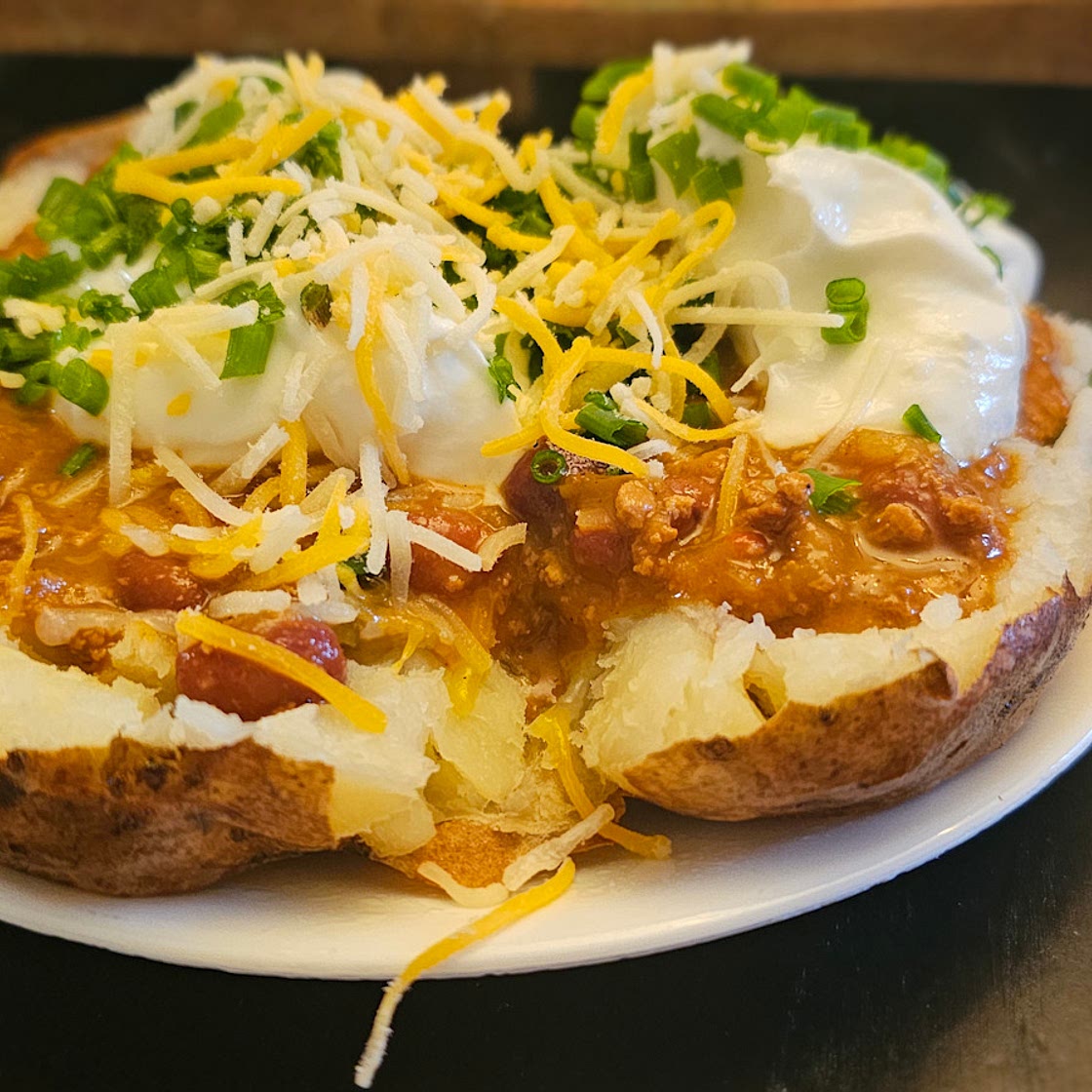 Chili loaded baked potatoes