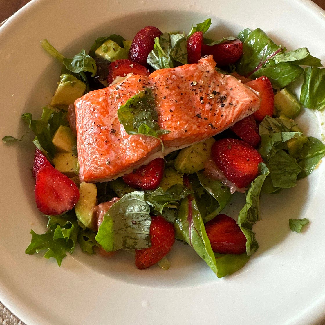 Strawberry-Avocado Salad with Salmon, Basil, and Lime