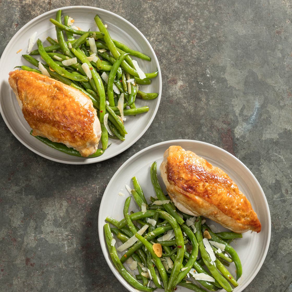 Skillet-Roasted Chicken Breasts with Garlicky Green Beans for Two