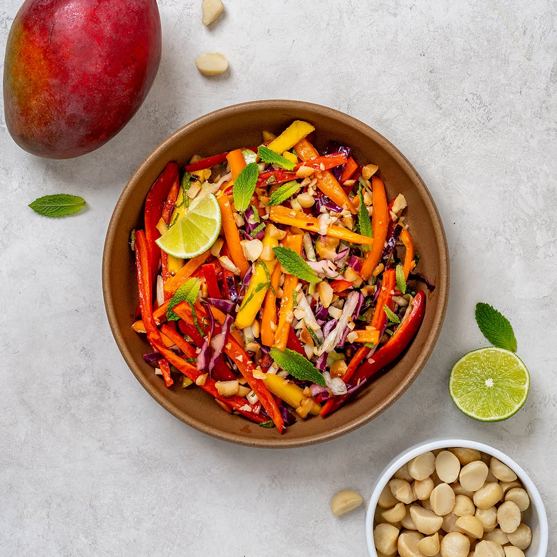 Tropical macadamia mango slaw
