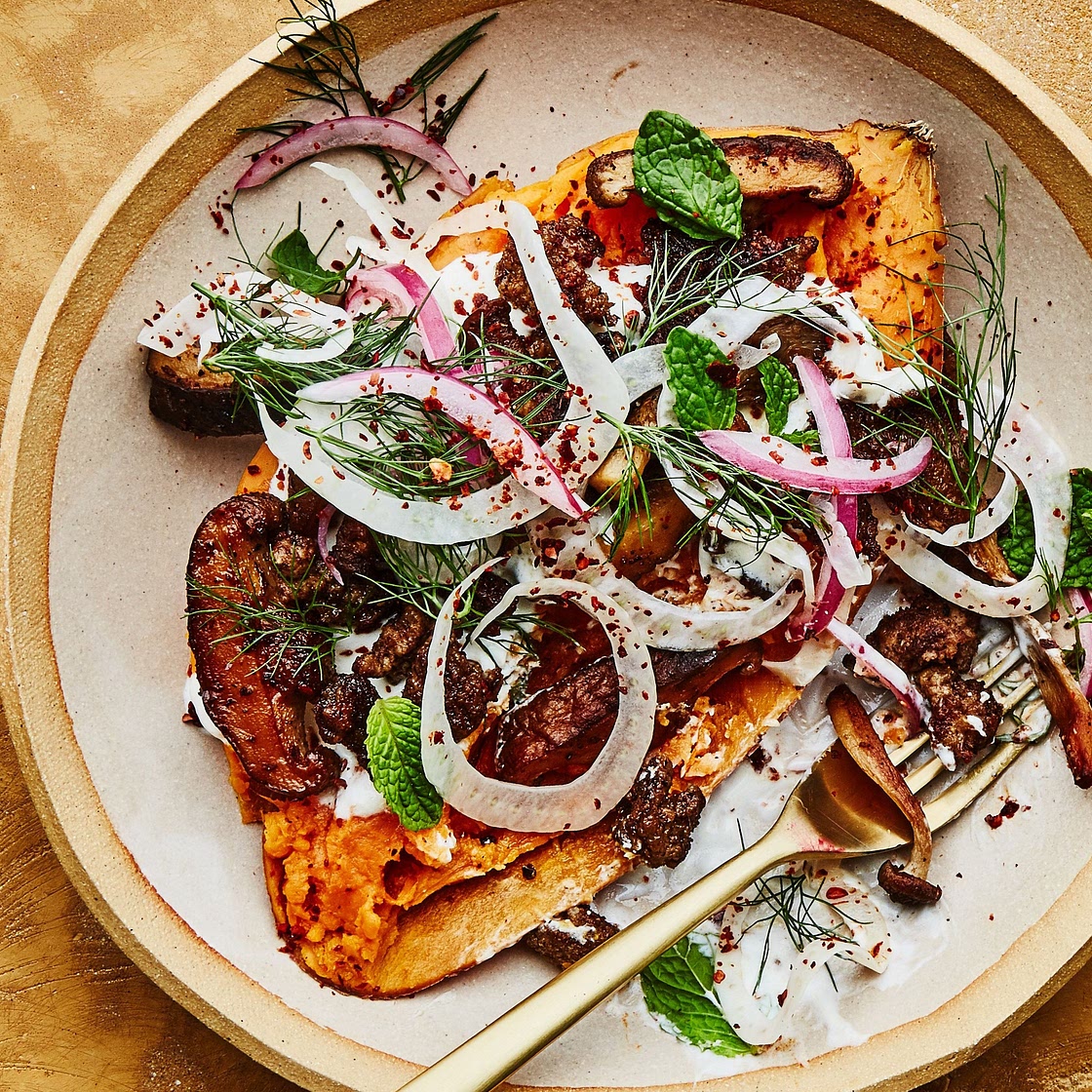 Loaded Sweet Potato Bowls with Spiced Lamb and Mushrooms | Epicurious