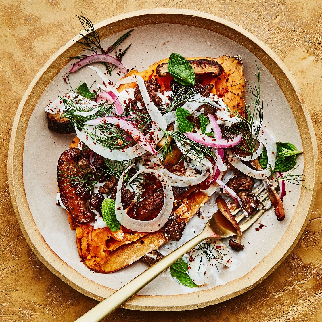 Loaded Sweet Potato Bowls with Spiced Lamb and Mushrooms | Epicurious