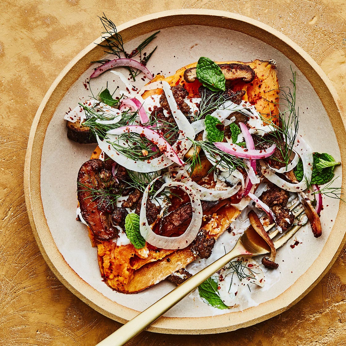 Loaded Sweet Potato Bowls with Spiced Lamb and Mushrooms | Epicurious