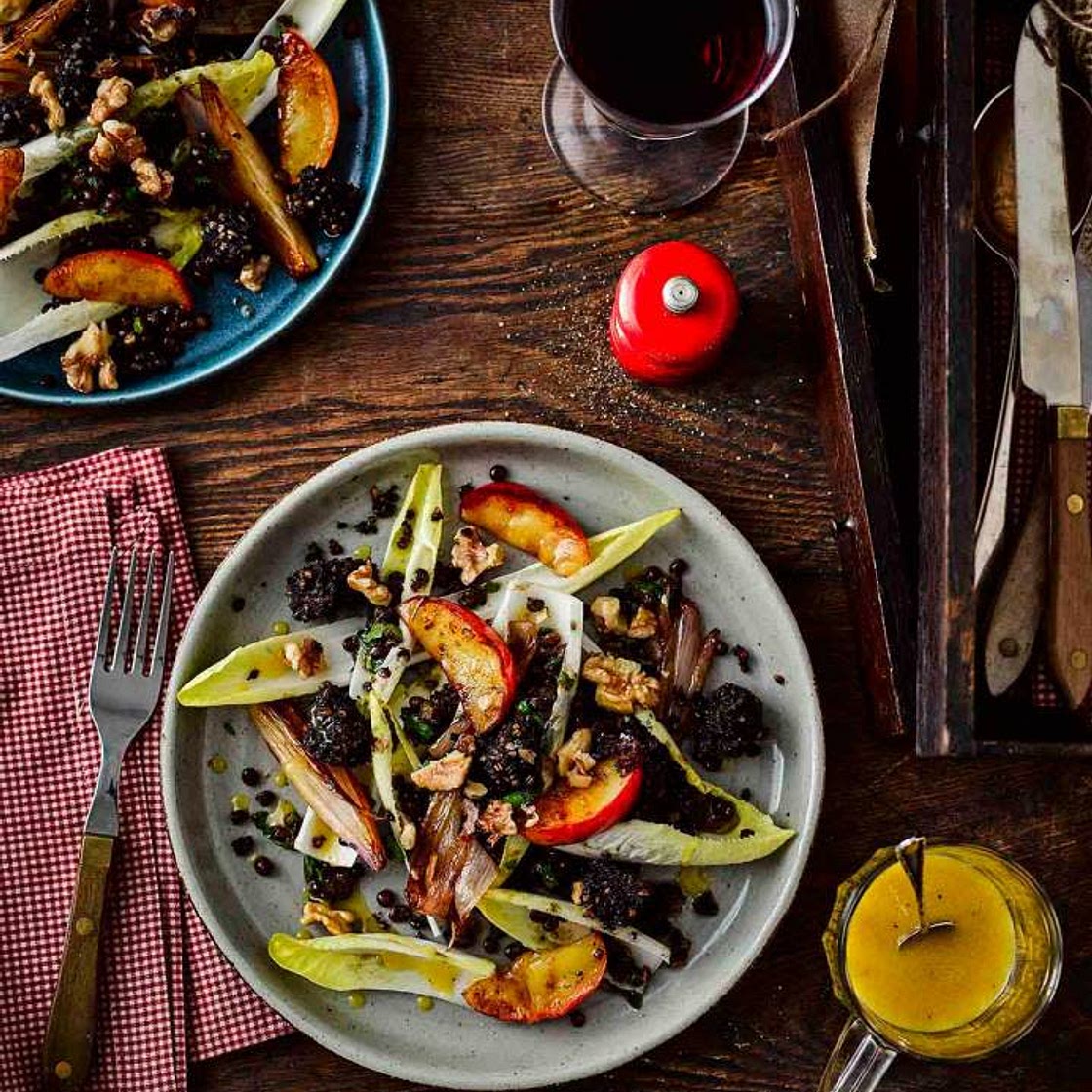 Warm salad of black pudding, lentils and caramelised apples