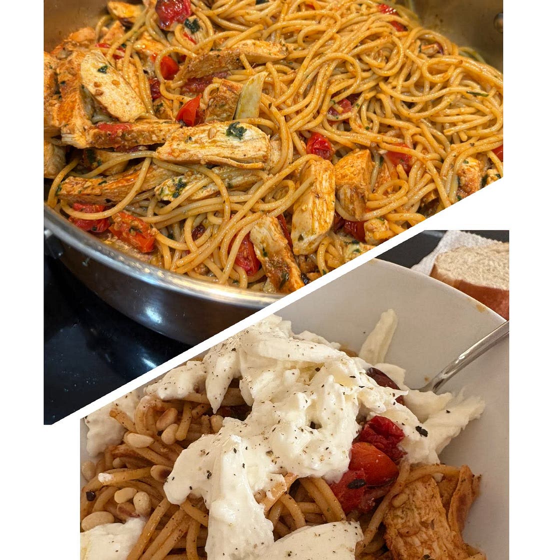 Chicken Spaghetti with Burrata and Lemon Butter Garlic Sauce