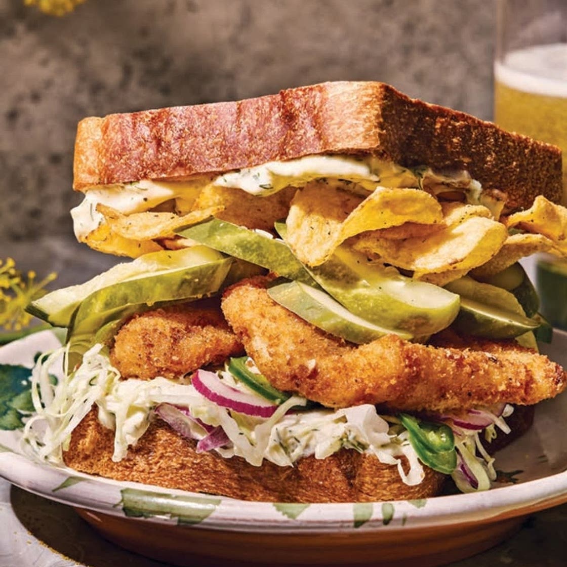 Zesty Fried Fish Sandwich with Pickles & Pickle Brine Slaw