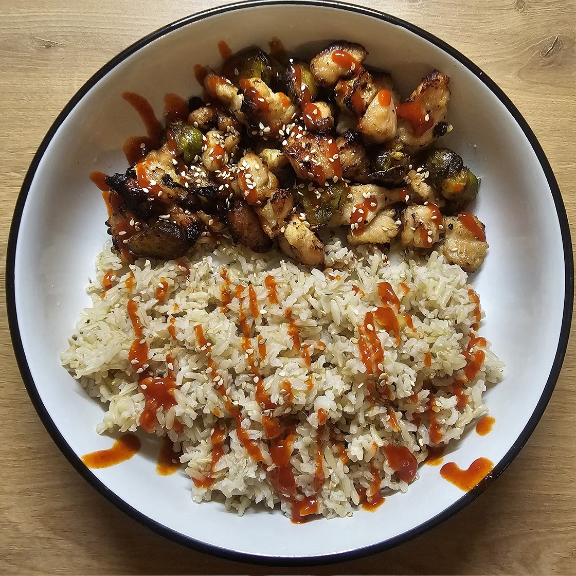 Air Fryer Sweet Chili Chicken and Brussels Sprouts