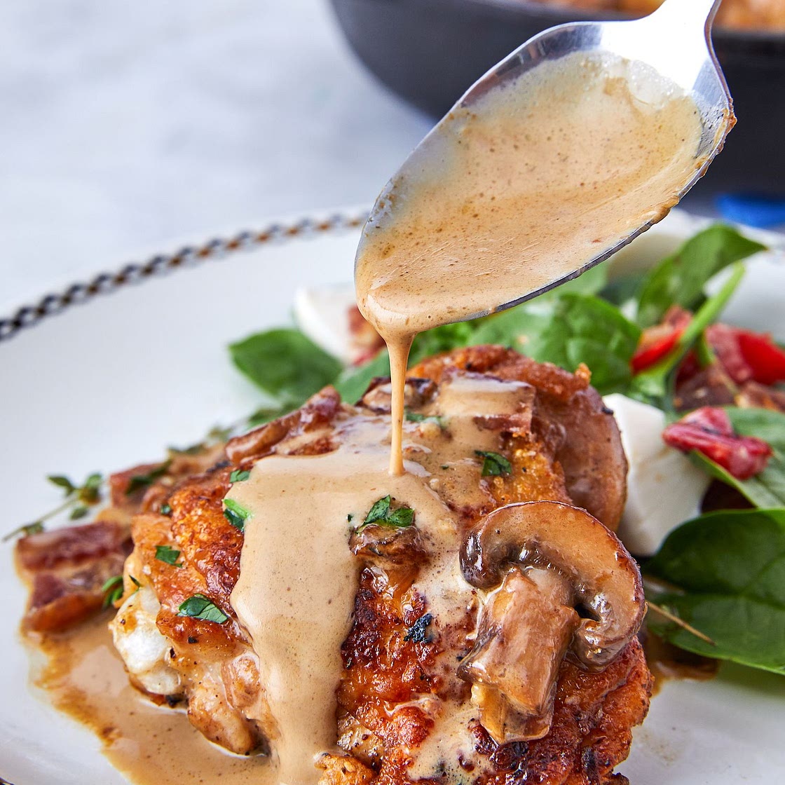 Keto Bacon Chicken Thighs With Garlic Cream Sauce
