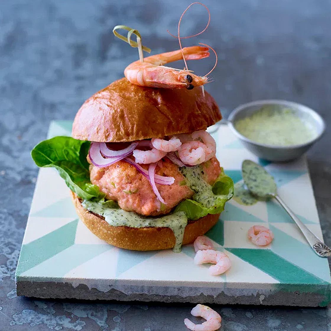 Salmon & Prawn Brioche Burgers With Watercress, Lime & Wasabi Mayo