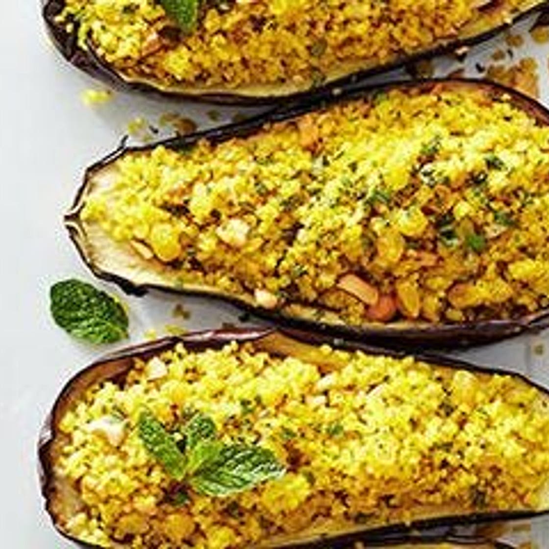Bulgur and Cashew Stuffed Eggplant