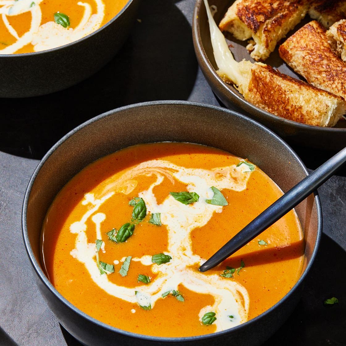 Pumpkin Tomato Soup With Grilled Swiss Cheese Sticks