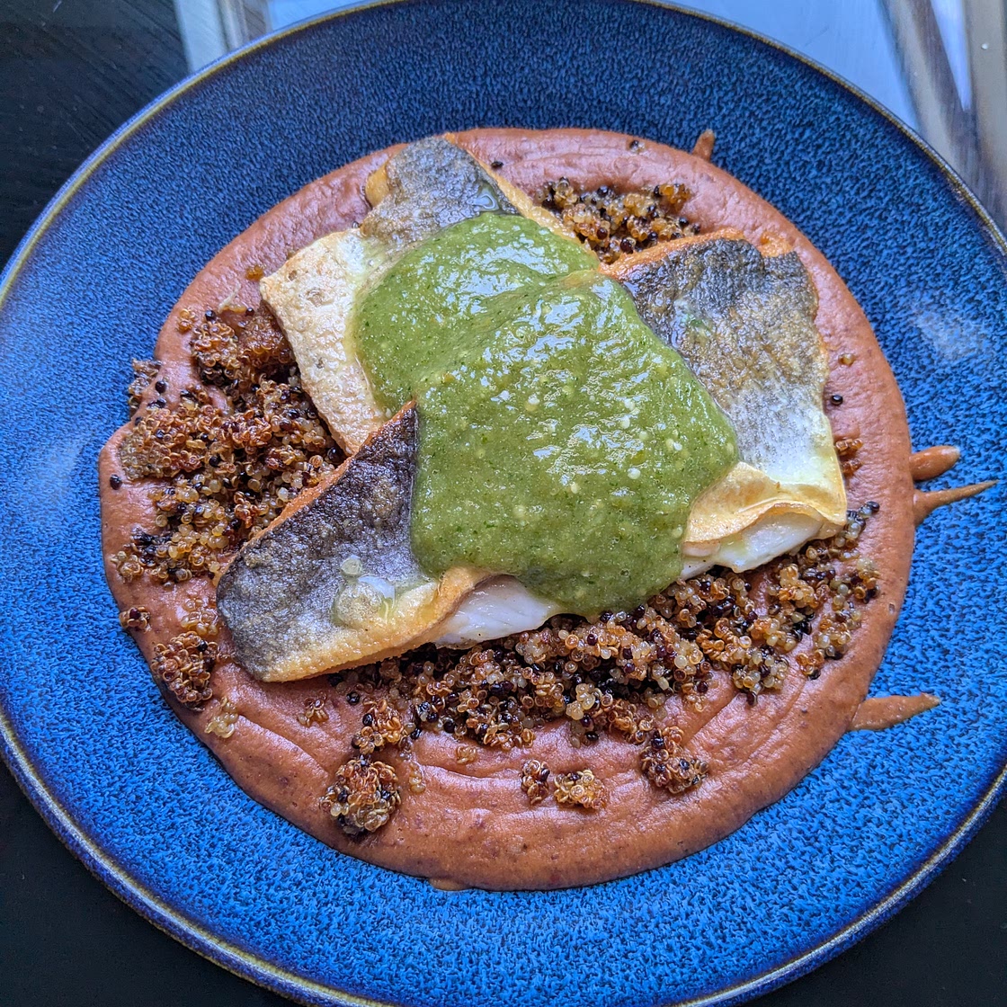 Sea bass, crispy quinoa, chipotle bean purée, tomatillo salsa