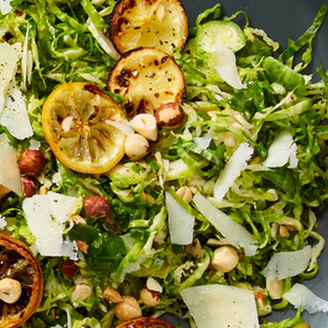 Shaved Brussels Sprout Salad with Hazelnuts, Broiled Lemon, and Pecorino
